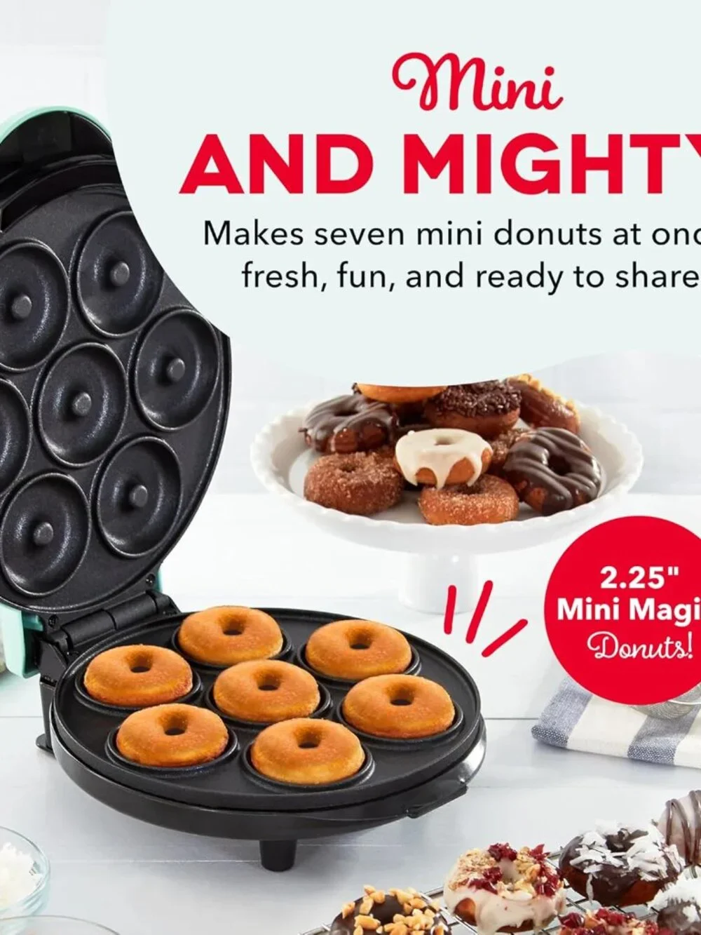 Dash Express Mini Donut Maker, 7 Donuts, Aqua | Electric Doughnut Machine for Ki